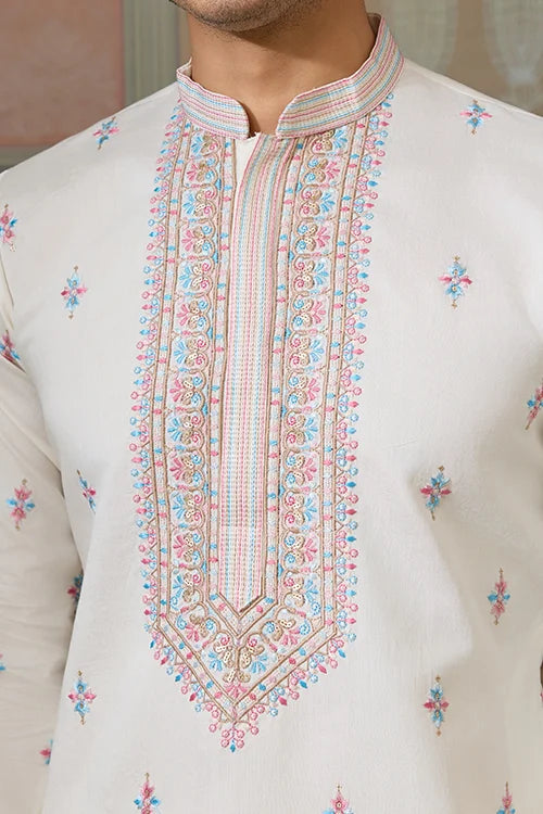 Ethnic White Embroidered Koti Kurta Set for Men