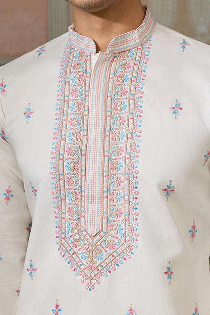 Ethnic White Embroidered Koti Kurta Set for Men