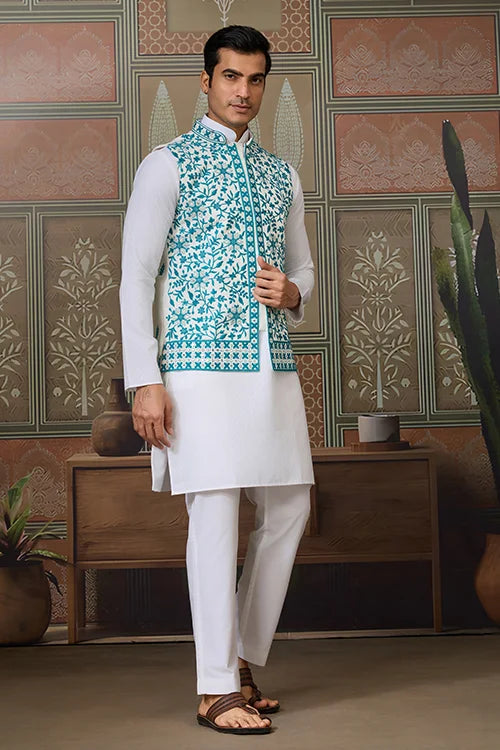 Traditional White Kurta with Teal Green Koti for Men