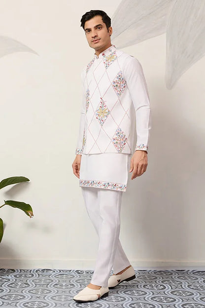 Elegant Wedding Special White Koti Kurta Pajama Set