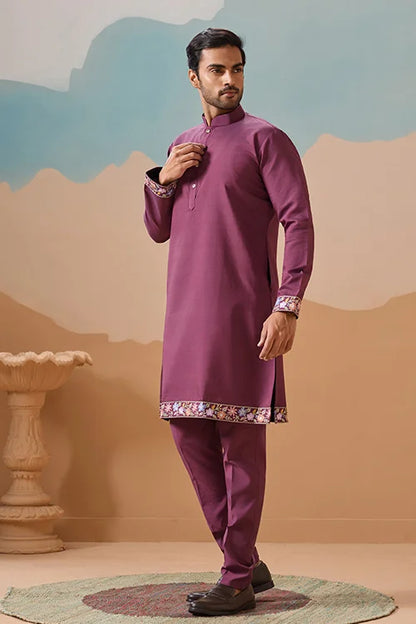Dusty Color Embroidered Koti Kurta with Pant for Mens
