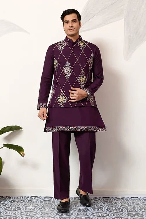 Premium Purple Koti Kurta Pajama for Wedding Wear