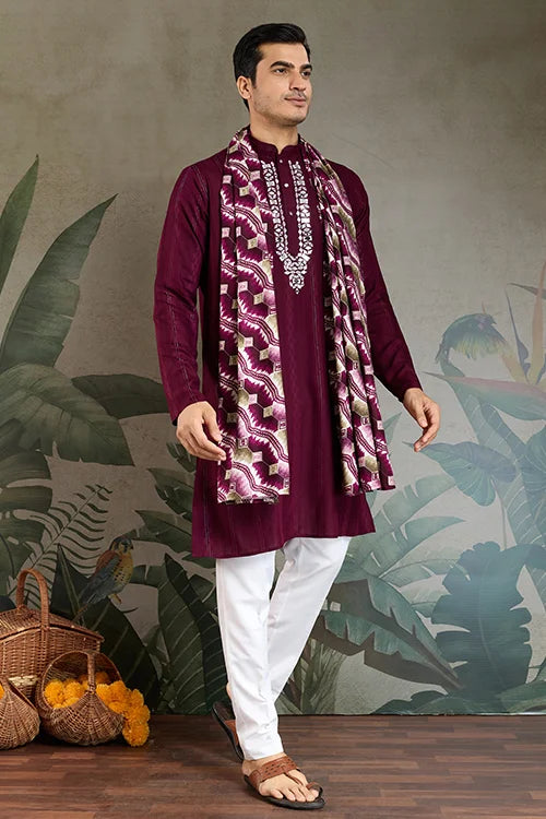 Designer Purple Men Kurta and Dupatta for Weddings