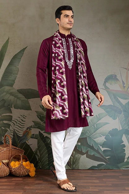 Designer Purple Men Kurta and Dupatta for Weddings