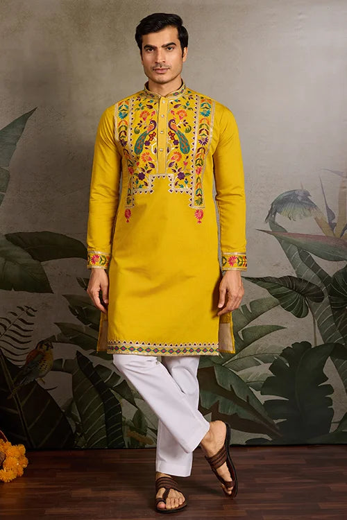 Haldi Special Yellow Embroidered Kurta for Men