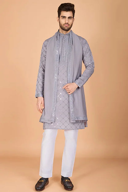 Designer Gray Silk Kurta For Men – Elegant Festive Wear
