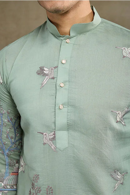Designer Pista Green Viscose Silk Fancy Kurtas For Men