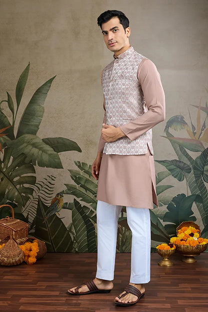 Ivory Roman Silk Kurta With Jacquard Koti Jacket