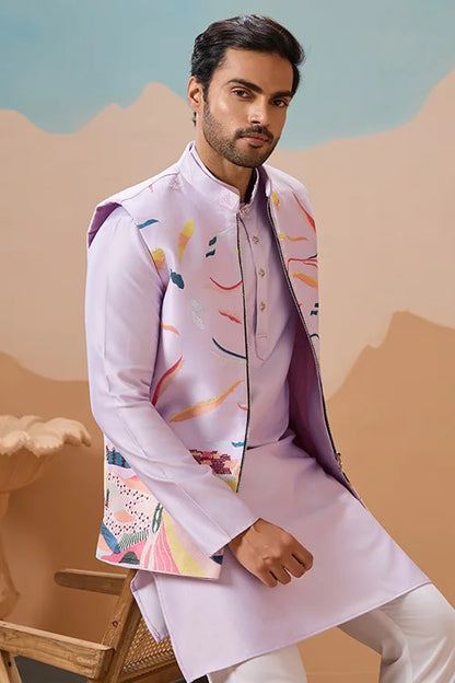 Lavender Wedding Carnival Koti Kurta Set for Mens