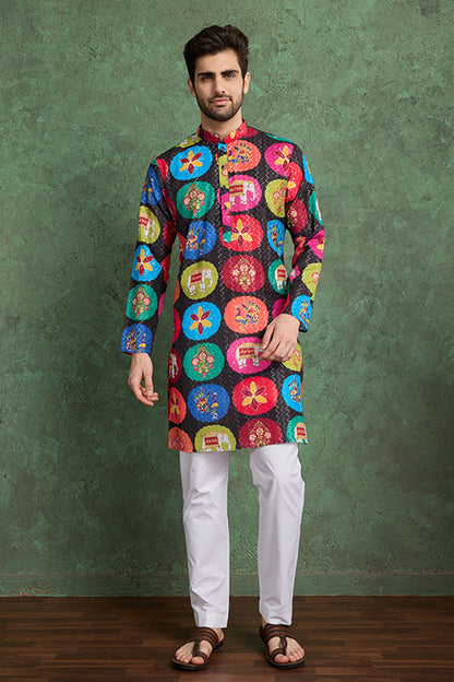 Multi Color Print With Embroidered Kurta And Pajama For Men