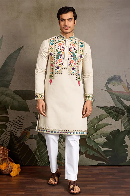 Beige Color Special Embroidered Kurta for Mens Wear