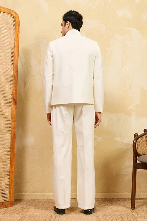 White Velvet Embroidered Bomber Jacket With Pant For Mens Wear