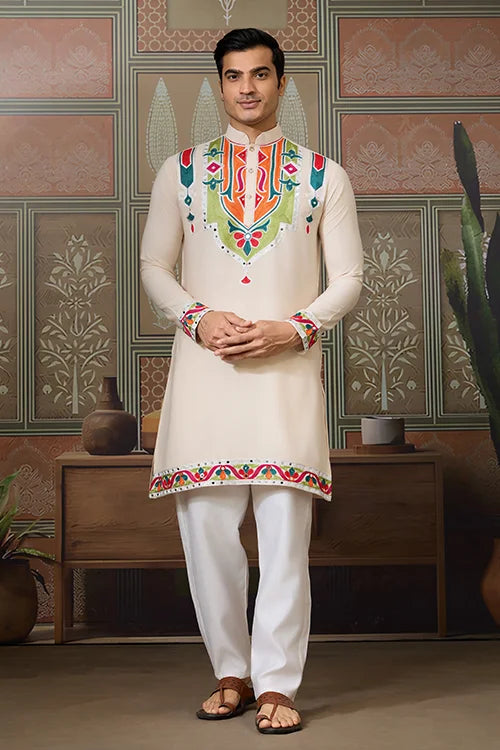 Cream Embroidered Festival Wear Kurta for Men