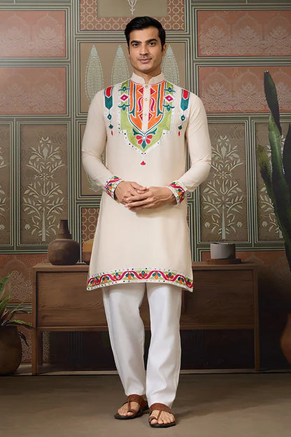 Cream Embroidered Festival Wear Kurta for Men