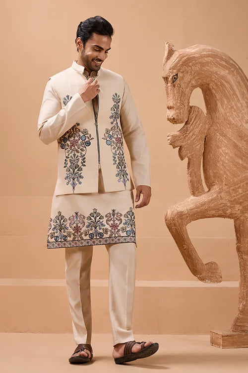Tendy Beige Wedding Special Koti Kurta Set for Mens Wear