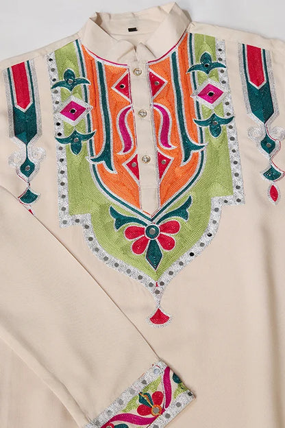 Cream Embroidered Festival Wear Kurta for Men