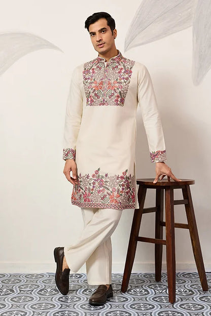 Traditional White Designer Kurta Pant Set For Mens Wear
