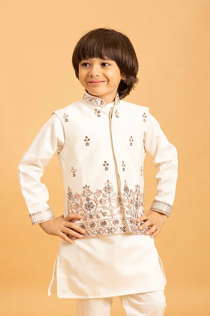 Premium White Mirror Work Koti Kurta Set for Boys