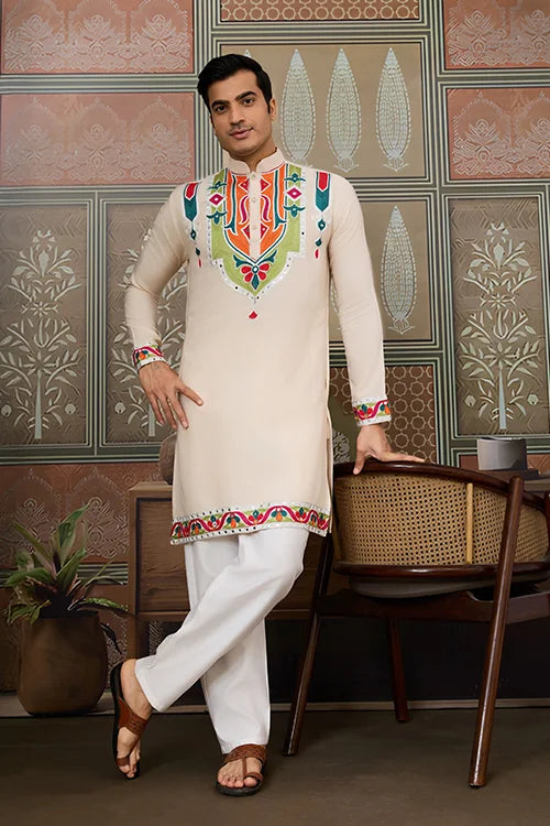 Cream Embroidered Festival Wear Kurta for Men