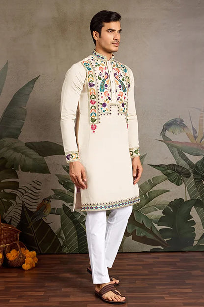 Beige Color Special Embroidered Kurta for Mens Wear