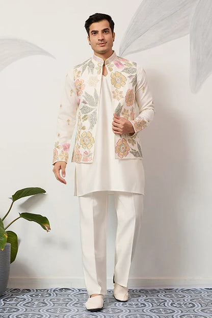 Carnival Function White Koti Kurta Pair For Mens Wear