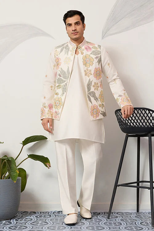 Carnival Function White Koti Kurta Pair For Mens Wear