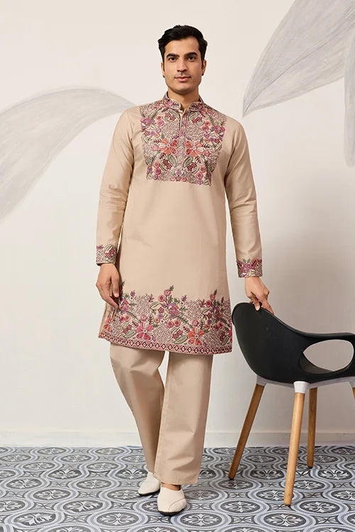 Beige Color Kurta Pant Set For Mens Traditional Outfit