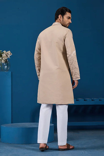 Elegant Beige Embroidered Viscose Silk Kurta for Mens