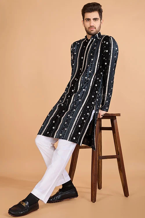 Viscose Rayon Black Color Heavy Embroidered Kurta For Men