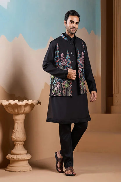 Magic Black Wedding Look Koti Kurta Set for Mens Wear