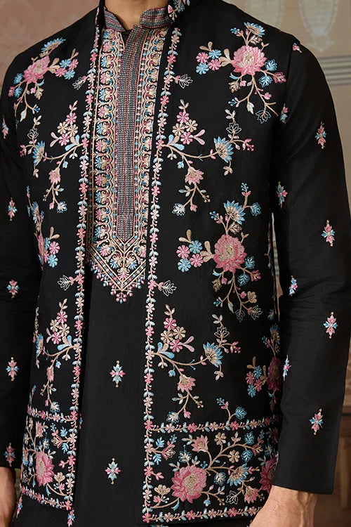 Black Mens Kurta with Stylish Koti for Wedding Wear