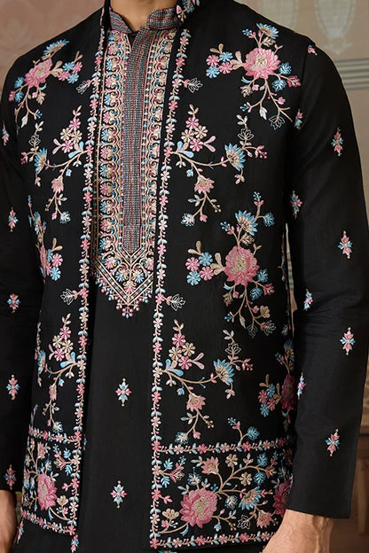 Black Mens Kurta with Stylish Koti for Wedding Wear
