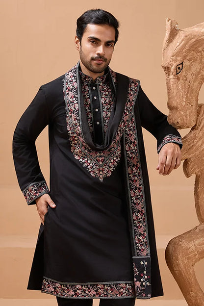 Luxury Wedding Look Black Kurta with Dupatta for Mens Wear