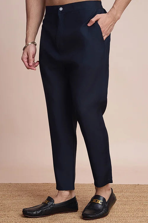 Traditional Embroidered Navy Silk Kurta For Men