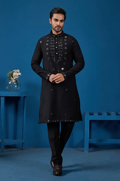 Classy Black Mirror Kurta Pant Wedding Outfit for Mens