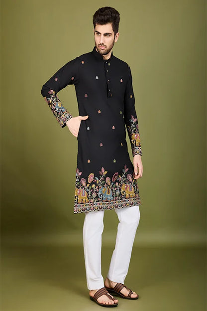 Black Color Cotton Embroidered Kurta For Men
