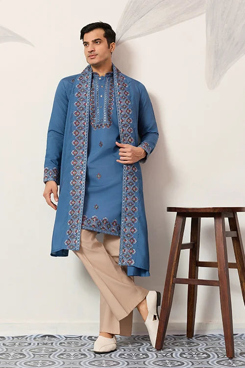 Wedding Royal Look Blue Kurta With Dupatta For Mens Wear