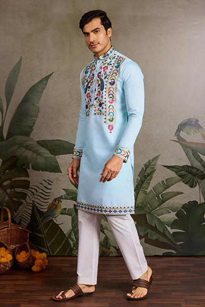 Premium Sky Blue Embroidered Mens Kurta For Celebrations