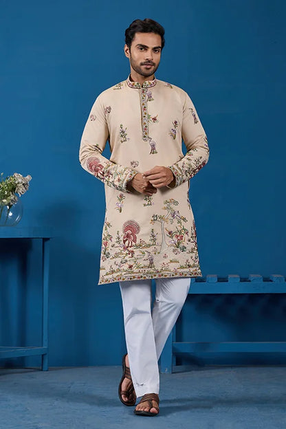 Perfect Festive Choice Beige Ethnic Kurta for Mens Wear