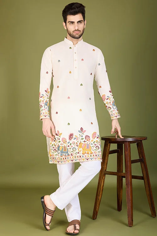 White Cotton Embroidered Sequins And Zari Work Kurta Men's Wear