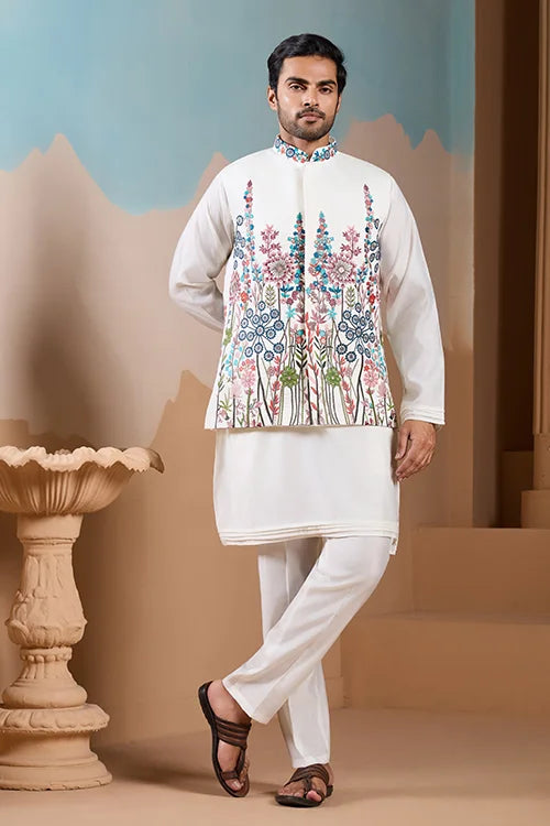 Royal Trendy White Koti Kurta Set for Men’s Wear Collection
