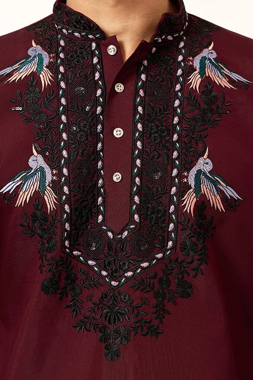 Vibrant Maroon Festive Kurta With Dupatta Set For Groom's Tribe