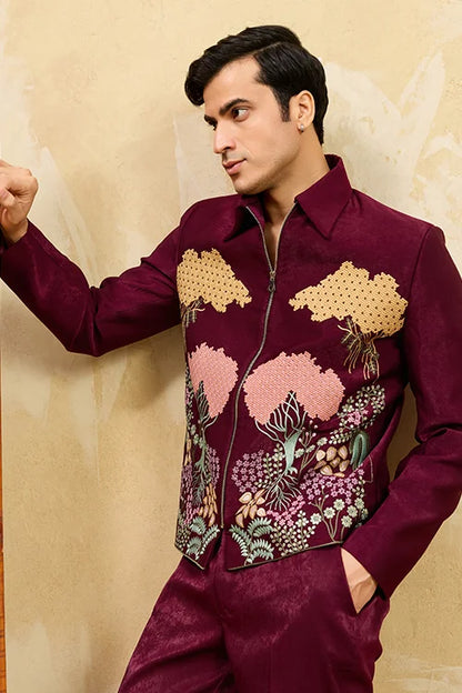 Wedding Special Maroon Velvet Bomber Jacket Set For Mens Wear