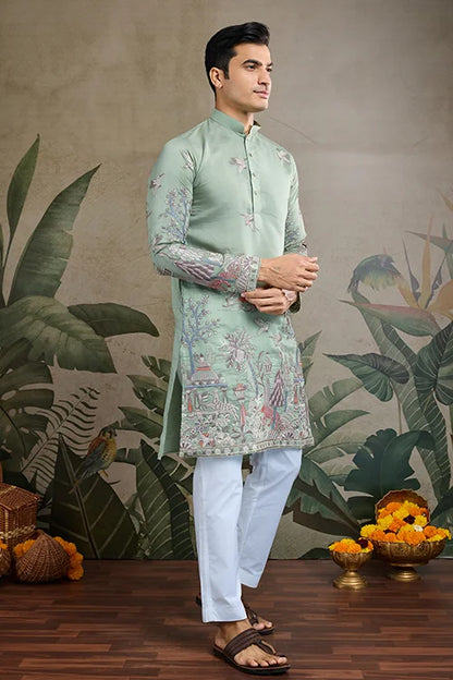Designer Pista Green Viscose Silk Fancy Kurtas For Men