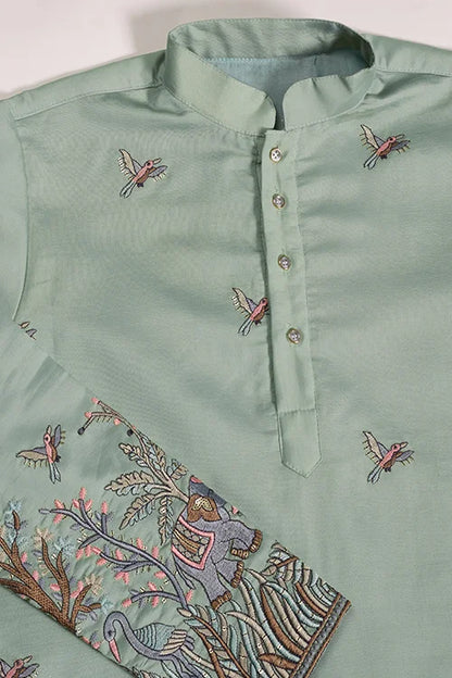 Embroidered Pista Green Wedding Kurta for Mens