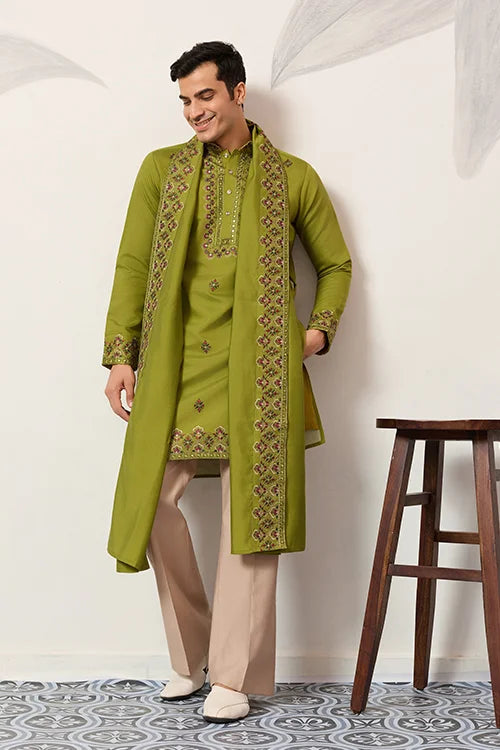 Classic Wedding Fluorescent Green Mens Wear Kurta With Dupatta
