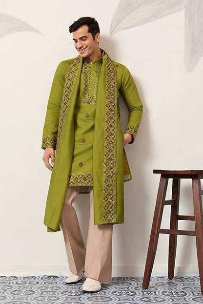 Classic Wedding Fluorescent Green Mens Wear Kurta With Dupatta