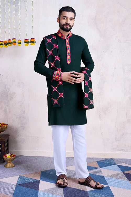 Green Color Men's Wear Embroidered Kurta with Dupatta Collection