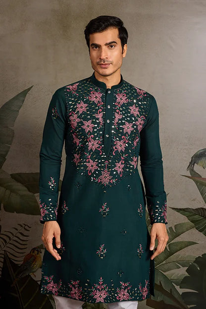 Party Look Green Mirror Embroidered Kurta Set for Men