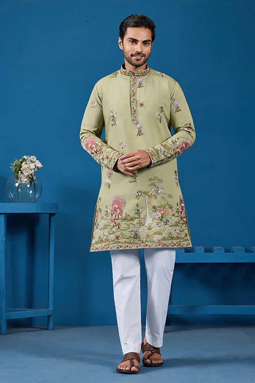 Traditional Pista Green Embroidered Kurta for Men